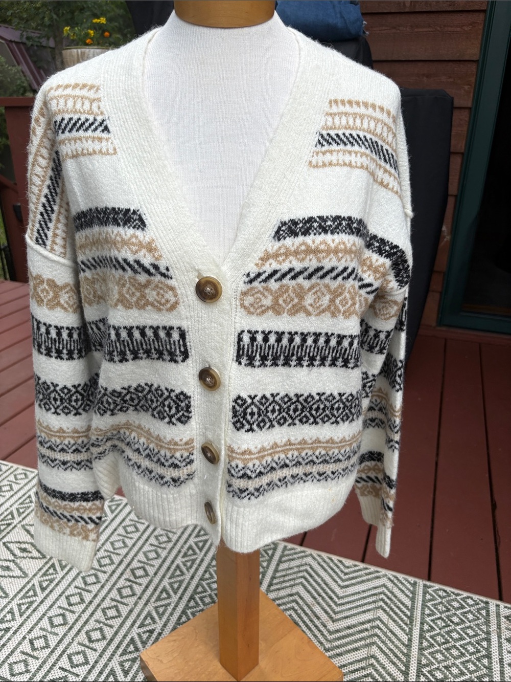 Lucky Brand Cream Cardigan with Black and Tan Patterned Stripes